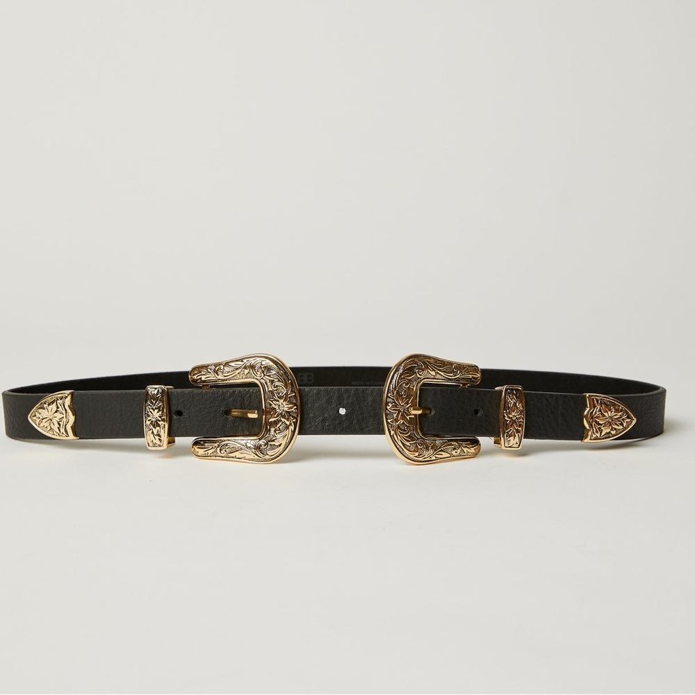 B-Low the Belt - Double Buckle Black and Gold Western Inspired Belt ~ SZ L